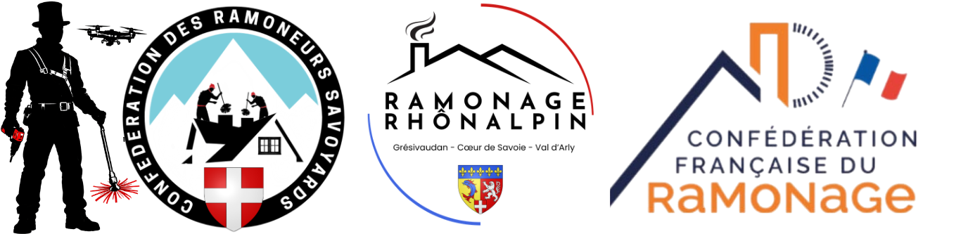 Logos de la Confédération des Ramoneurs Savoyards, de Ramonage Rhônalpin et de la Confédération Française de Ramonage – artisan ramoneur certifié en Isère et Savoie, spécialiste du ramonage et de l’entretien des appareils de chauffage.