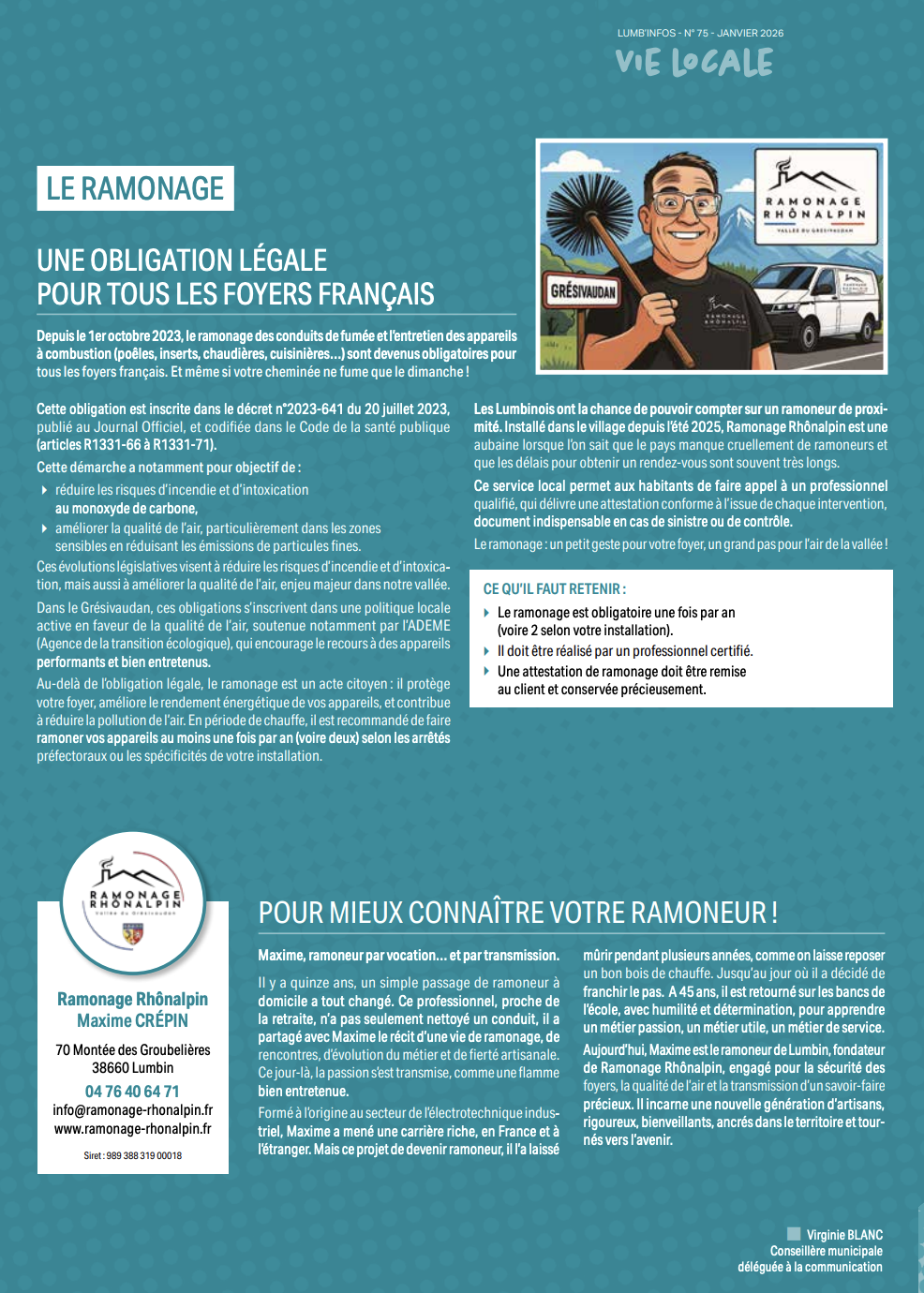 Lumb'infos numéro 75 - Journal de la commune de Lumbin 38660 - Article sur les obligations du ramonage dans la Vallée du Grésivaudan et sur Le ramoneur local du Grésivaudan, Lumbinois, Ramonage Rhônalpin Article de janvier 2026 du Lumb'infos sur le ramonage et sur Ramonage Rhônalpin, le ramoneur de Lumbin et du Grésivaudan Membre de la Confédération des Ramoneurs Savoyards et de la Confédération Nationale du Ramonage et de la Fumisterie