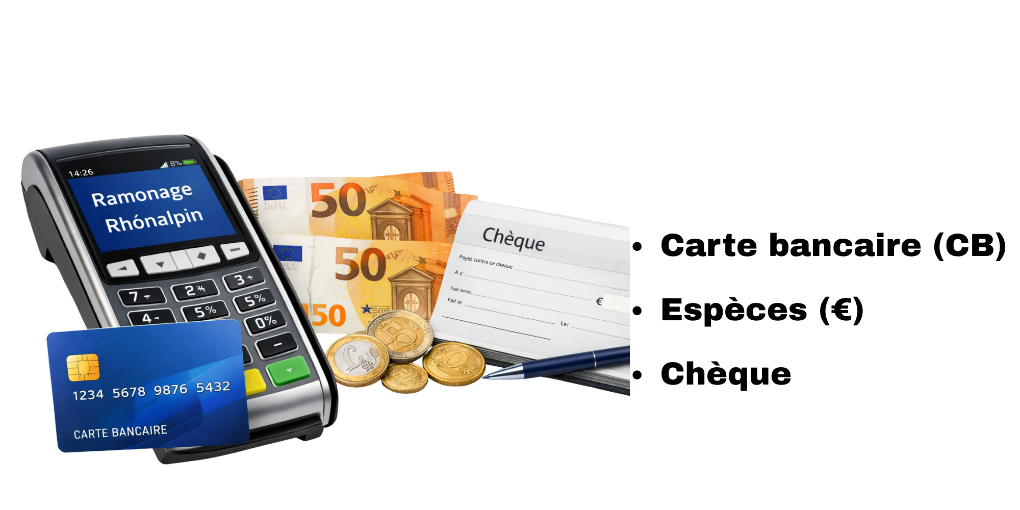 Modes de paiements acceptés: CB, espèce, chèque Modes de paiement chez Ramonage Rhônalpin – artisan ramoneur dans le Grésivaudan et l’Isère, acceptant carte bancaire, espèces et chèque pour les prestations de ramonage, entretien de poêle à bois, poêle à granulés, insert, chaudière fioul et gaz.